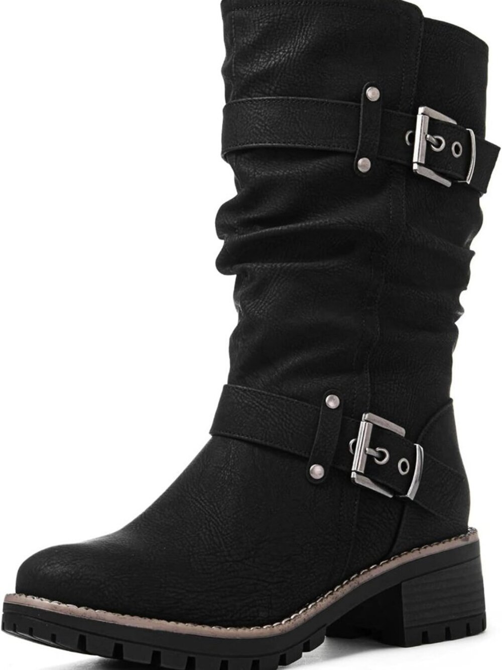 Chic Mid Calf Moto Boots for Women with Stylish Buckle Straps - Trendy Footwear